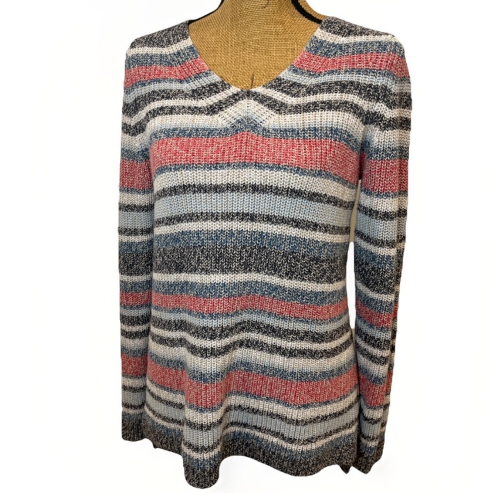 L.L. Bean 100% Cotton V-Neck Knit Sweater Striped Comfy Size Medium